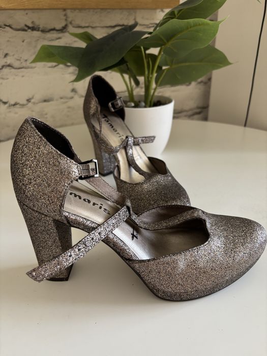 Szpilki obcasy Tamaris 38 srebne brokat błyszczące unikat glitter y2k