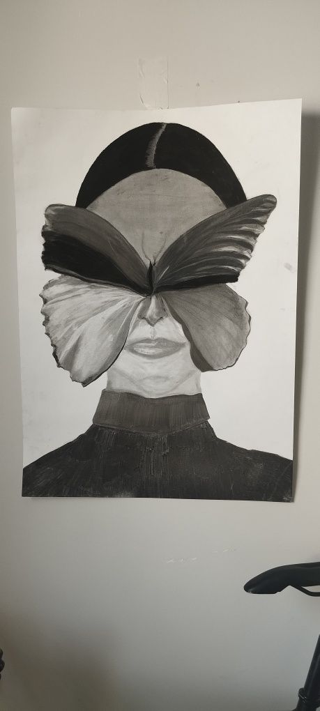 Obraz rysunek ołówki węgiel "kobieta z motylem" czerń biel