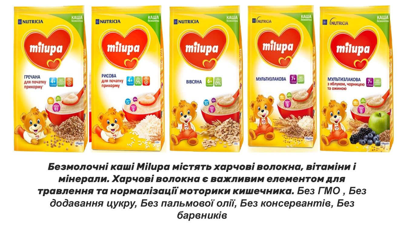 Дитяче харчування Milupa: молочні суміші 1,2,4; каші молочні та безмол