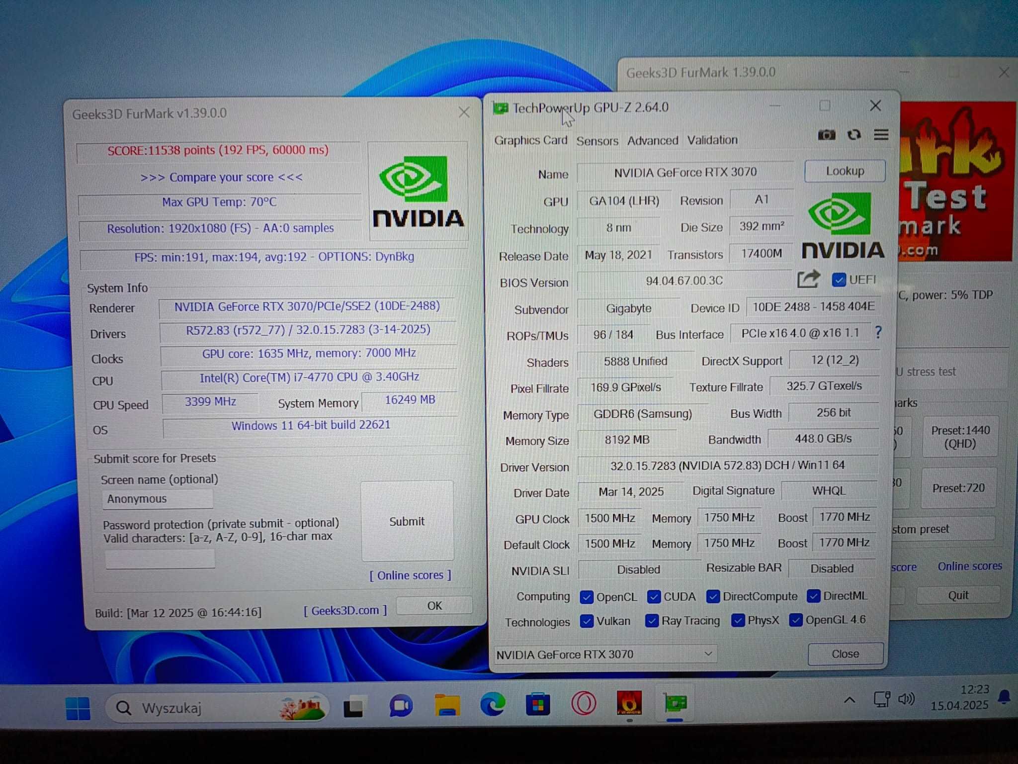 GIGABYTE RTX3070 8GB GDDR6 256bit LHR RGB - plomba, karton!
