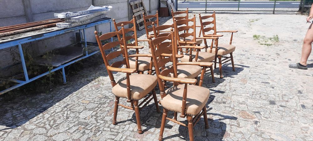 Krzesła drewniane obijane z poręczami skóra stare dąb 4 sztuki