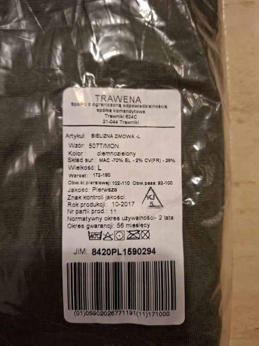 Bielizna wojskowa zimowa rozmiar L długa.