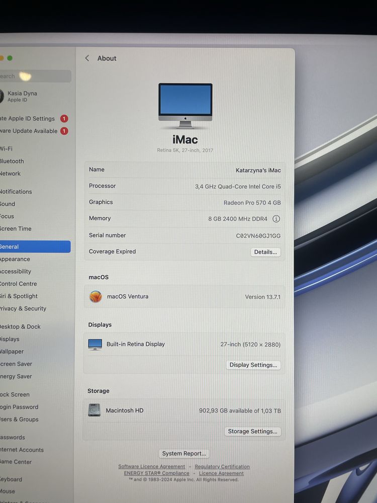 iMac Retina 5K, 27”, i5, SSD PCI-Express 1TB, 8GB RAM