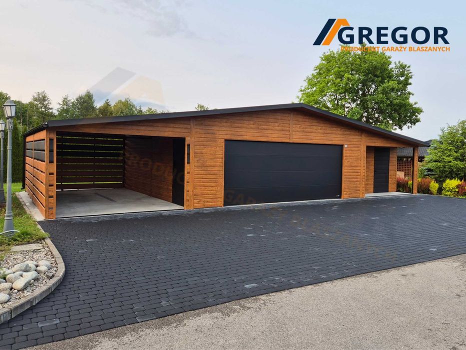 Nowoczesny garaż blaszany 12x6m z bramą segmentową wnęką oraz wiatą