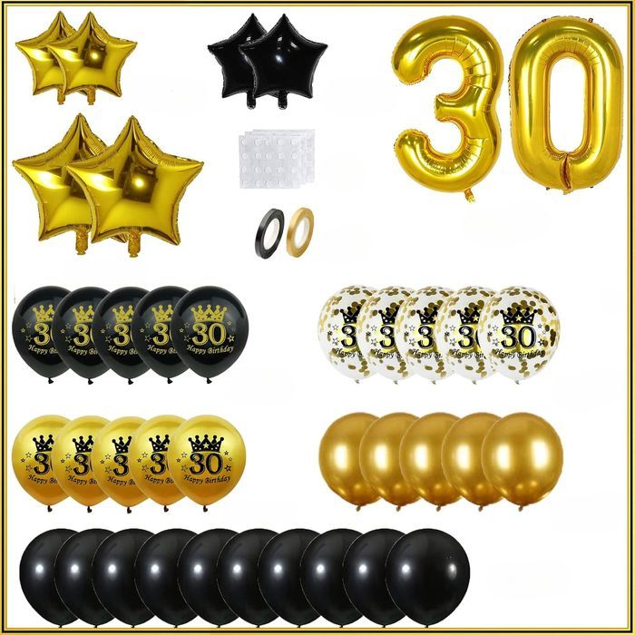 Zestaw Dekoracji na 30. Urodziny Czarno-Złote Balony Konfetti Baner