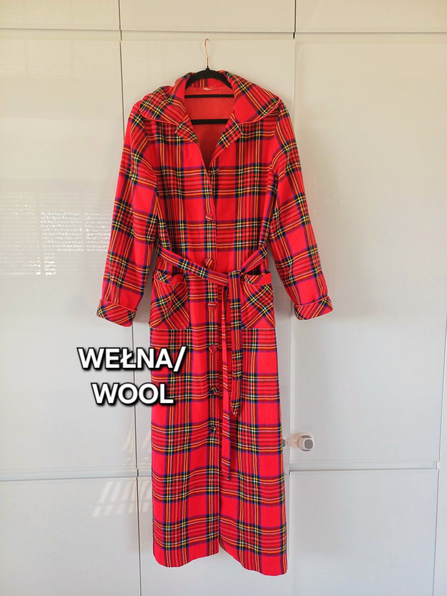 Płaszcz długi czerwony w kratę kratka prosty pasek jesienny 42 XL