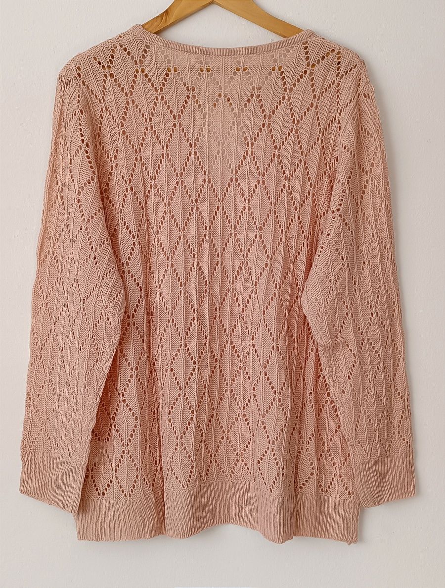 NOWY elegancki ażurowy sweter r. 4 XL z łańcuchem - lotosowy róż