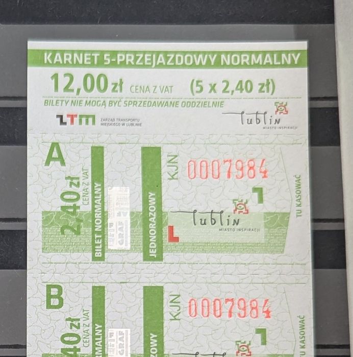 Bilety karnet Lublin MPK ZTM 2010 rok - nie skasowane