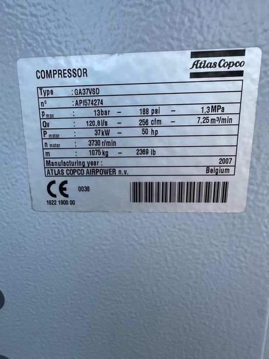 KOMPRESOR ŚRUBOWY  Atlas Copco  GA37 VSD 37KW  7,25 m3/min Falownik