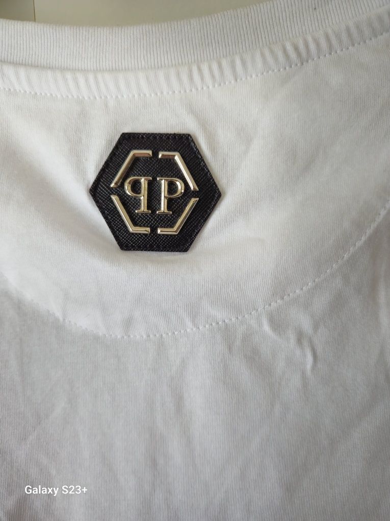 Philip plein L super koszulka t shirt biała kamienie