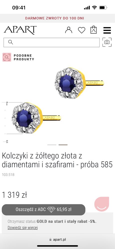 Złote kolczyki Apart z diamentami i szafirami, próba 585 styl yes