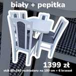 Nowe: Stół 80x140/180 + 6 krzeseł, BIAŁY + PEPITKA, od ręki