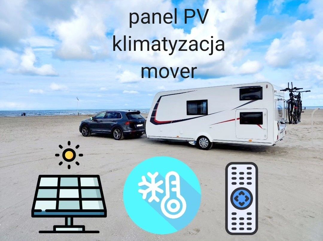 Przyczepa kempingowa wynajem klimatyzacja mover panel PV nowoczesne