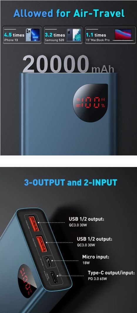 Павербанк Baseus Power Bank, 65W 20000mAh