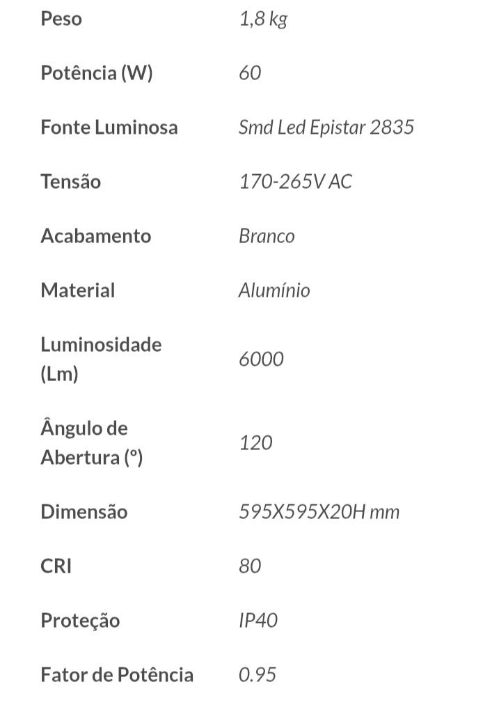 Painel LED 60W Branco 6000Lm