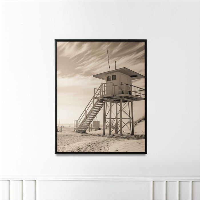 Plakat 20x20 Strażnik Wydm | Morze Krajobraz Sepia Woda Plaża Ratownik