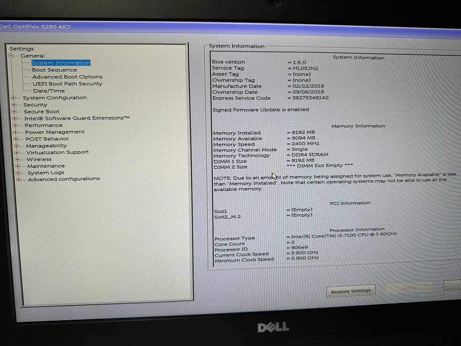 Моноблок Dell Optiplex 5250 22" 1920x1080 i3-7100 RAM 8GB SSD 250GB