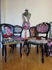 Zestaw krzesła (4szt). Frida Kahlo boho chic  i zabytkowy stół