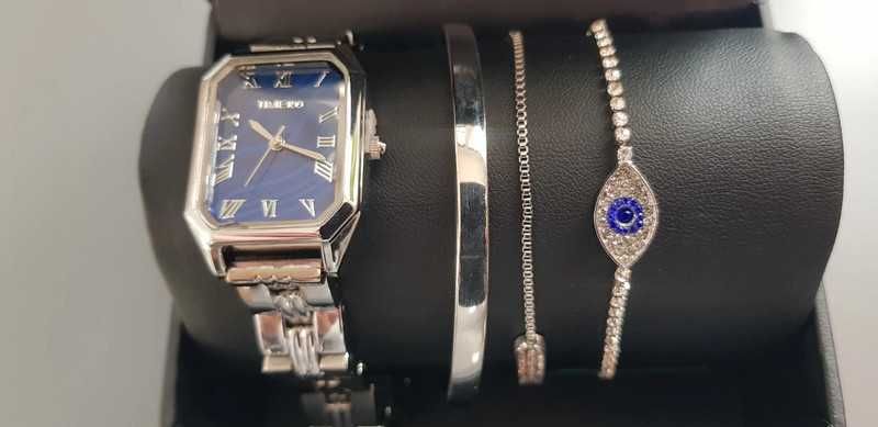 Zegarek damski TIME100 srebrny z bransoletkami elegancki komplet