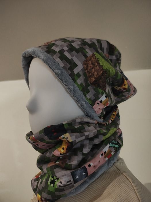 Czapka + komin Minecraft dwustronne, ocieplane, mięciutkie