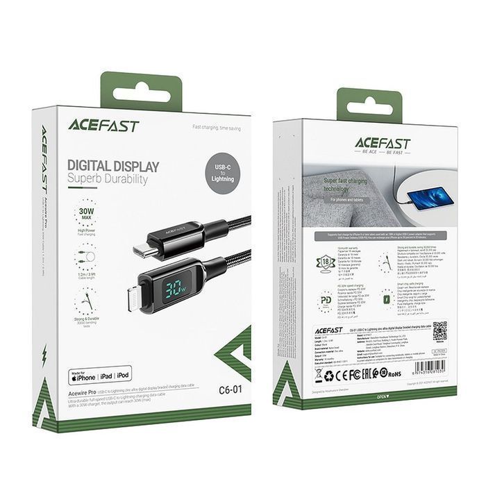 ACEFAST kabel Typ C do Lightning MFi 3A PD 30W LCD C6-01 1,2 m czarny