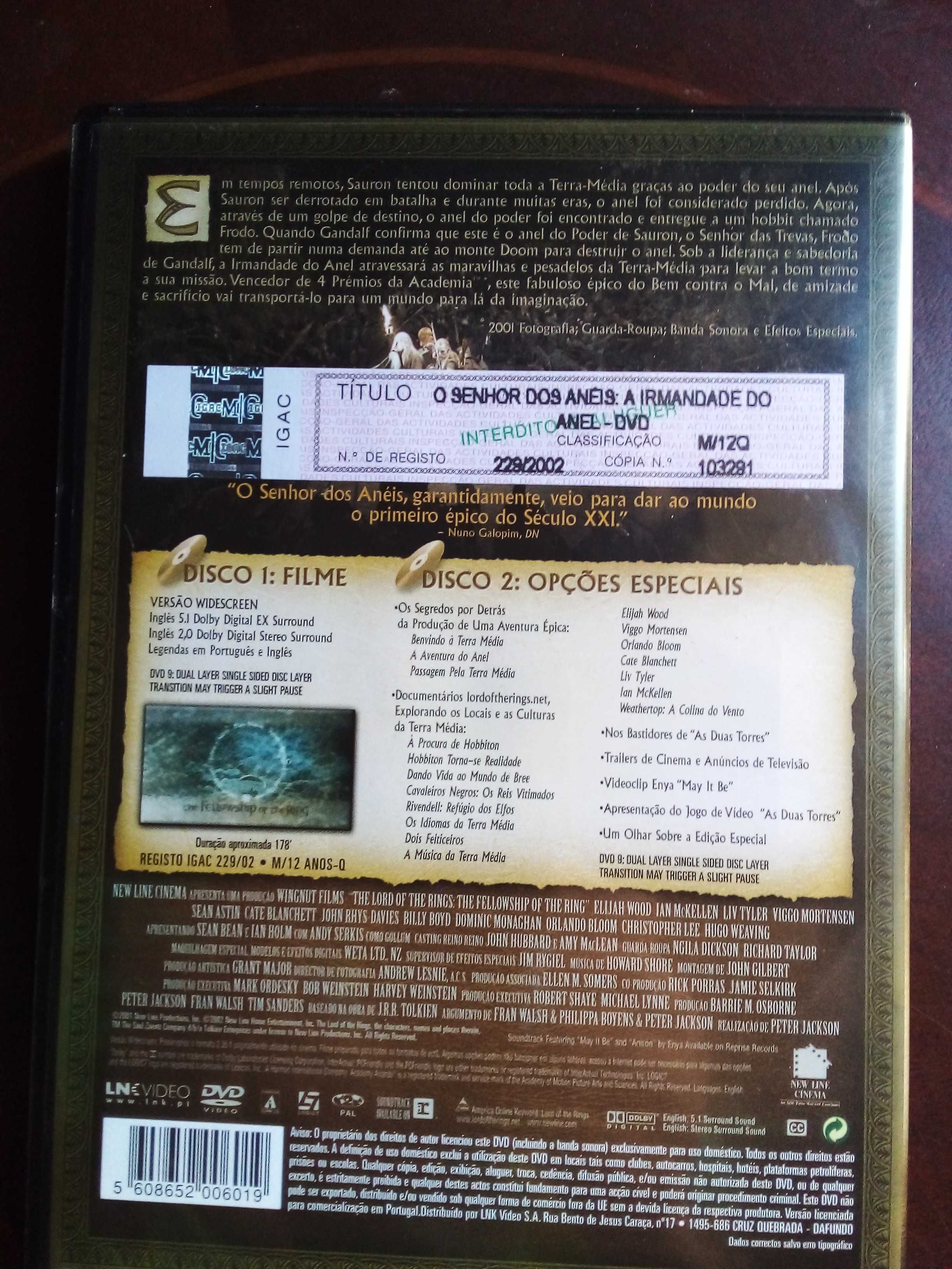 Dvd «O Senhor dos Anéis: A Irmandade do Anel» de Peter Jackson,2 disc.