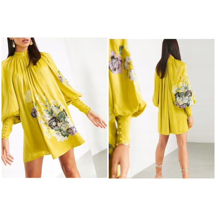 Musztardowa sukienka mini kwiaty haft 42 xl 44 xxl asos luxe wiskoza