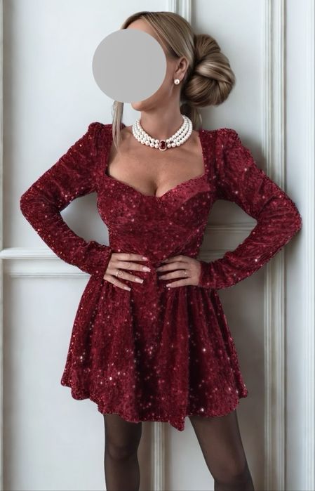 Sukienka bordowa czerwona cekiny andrzejki s m elegancka swiecaca