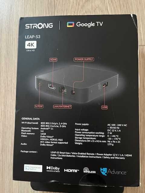 Android odtwarzacz multimedialny 4k smart strong leap-s3 google tv