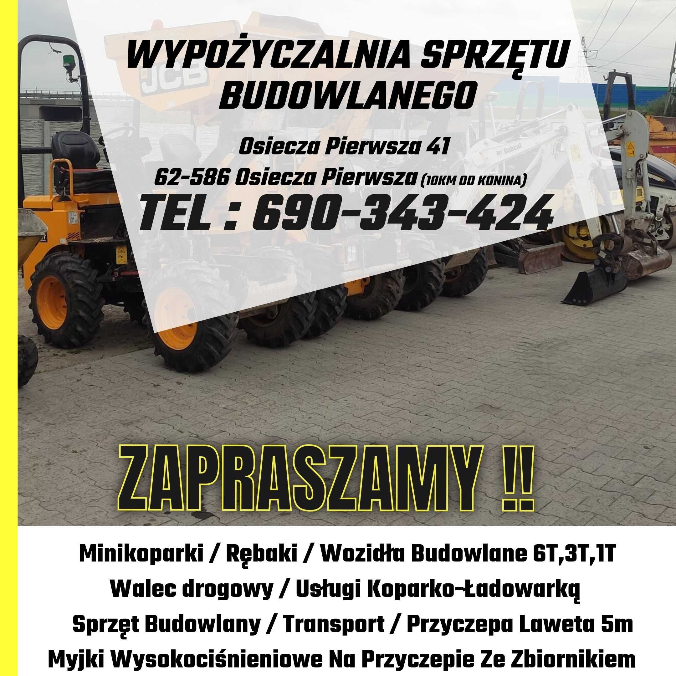 Wynajem Minikoparka Wypożyczalnia KONIN RĘBAK Wozidło 1/3/6 T OSIECZA