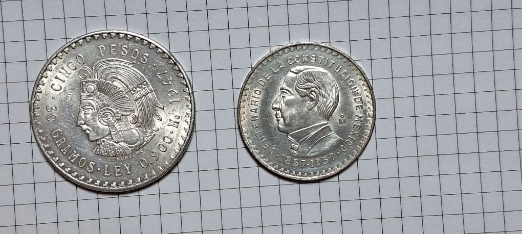 Монети срібло. Мексіка 5 пессо 1947р.+1 пессо 1957р.