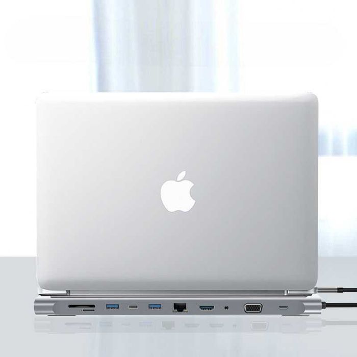USB Type-C Hub 11 в 1 підставка HDMI HDTV SD TF RJ45 VGA AUX кардрідер