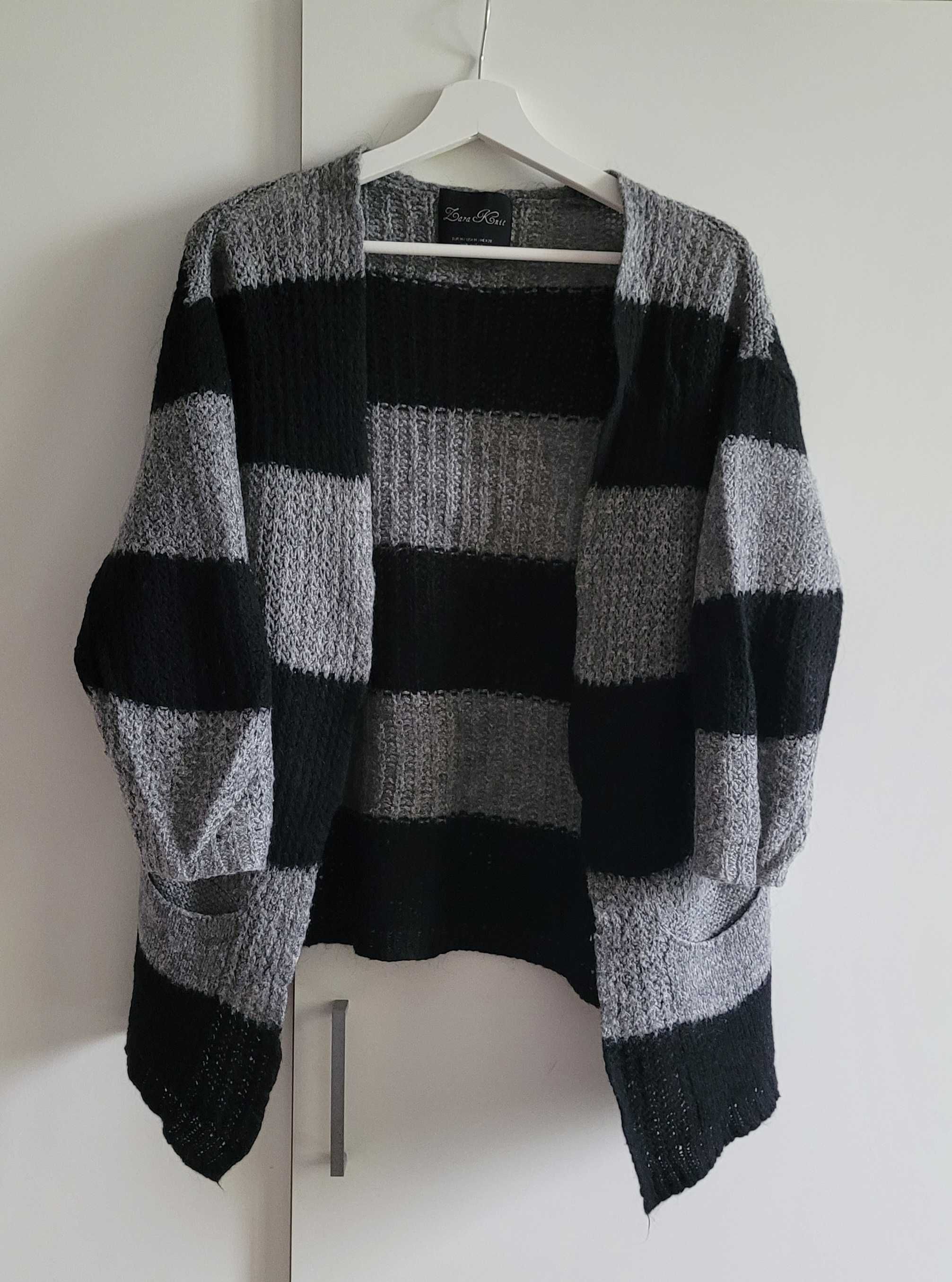 Zara Knit kardigan czarny szary paski wełna narzutka sweter S M L goth