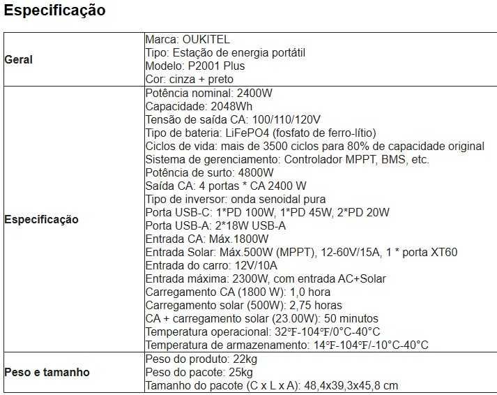 Estação Energia Oukitel 2400W/4800W MPPT 500W 2048Wh LifePO4 BT WI-FI