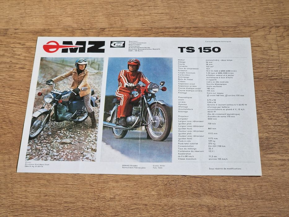 Oryginalna broszura reklamowa motocykli MZ TS 150 IFA