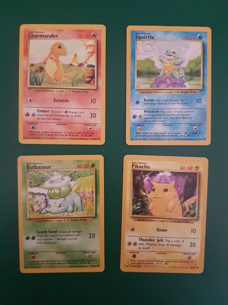 Cartas Pokemon 1999 - Charmander, Squirtle, Bulbassaur e Pikachu (EN)