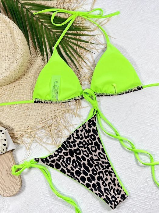Strój Kąpielowy BIKINI Stringi SEXY Neon Wiązane Panterka - XL