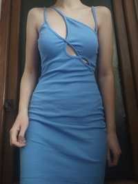 Блакитне бавовняне літнє плаття сукня в рубчик з оригінальними вирізам