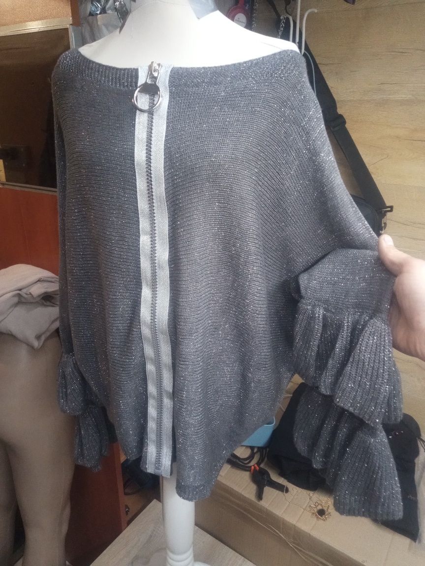 Sweter ARGENTO włoski z metaliczną nitką i zamykaniem na suwak plecach