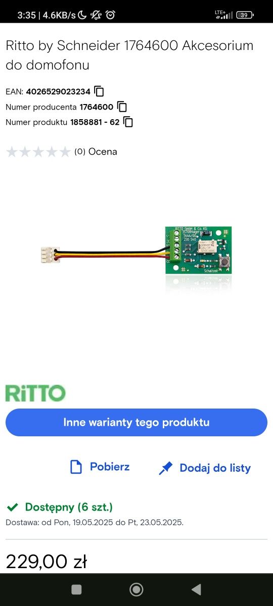 Ritto by Schneider model 1 7646 - Akcesorium do domofonu