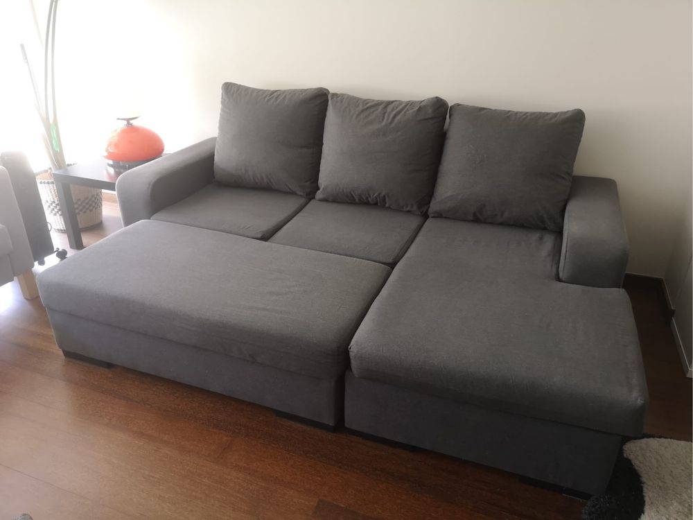 Sofa cinzento 220x150 com chaise long + puff com arrumação