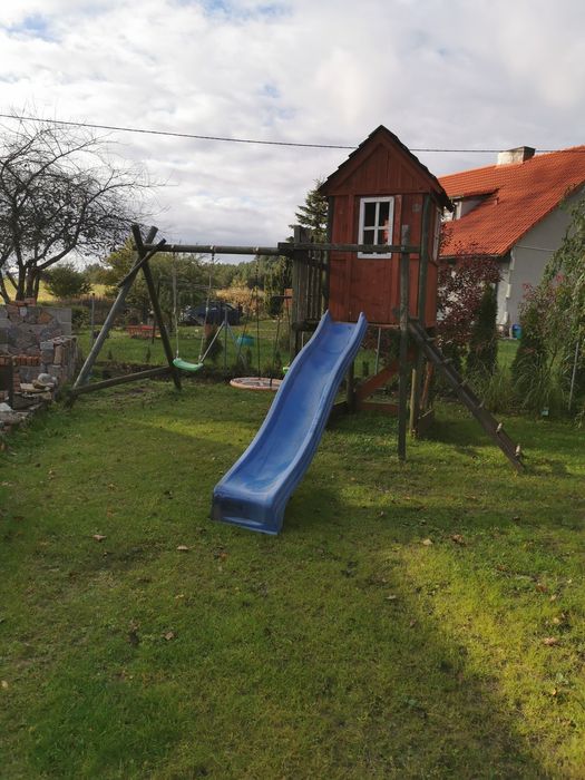 Solidny Drewniany Plac Zabaw dla Dzieci ze Zjeżdżalnią i Huśtaw