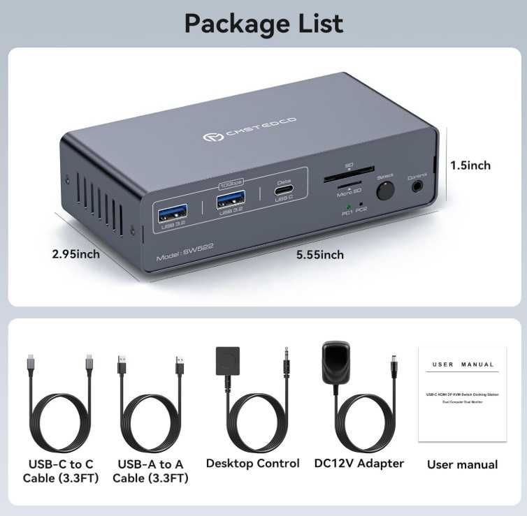 Плата перемикання CMSTEDCD KVM 2х2 SW522 USB-C 3.2 HDMI DP 4K/60Гц