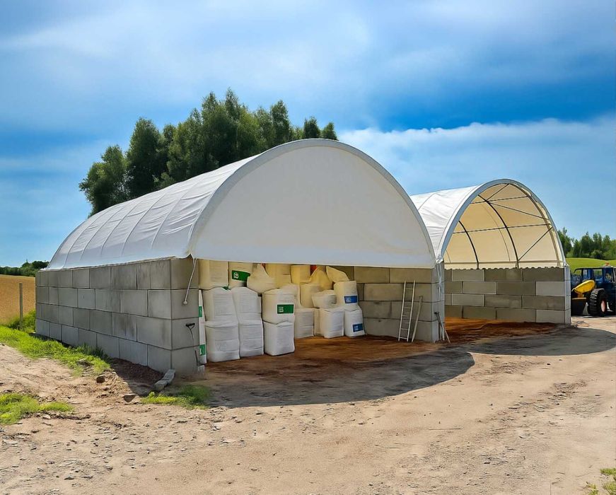 Zadaszenie kontenerowe 10x6 na blokach bet. PVC 900g, boks na kruszywa