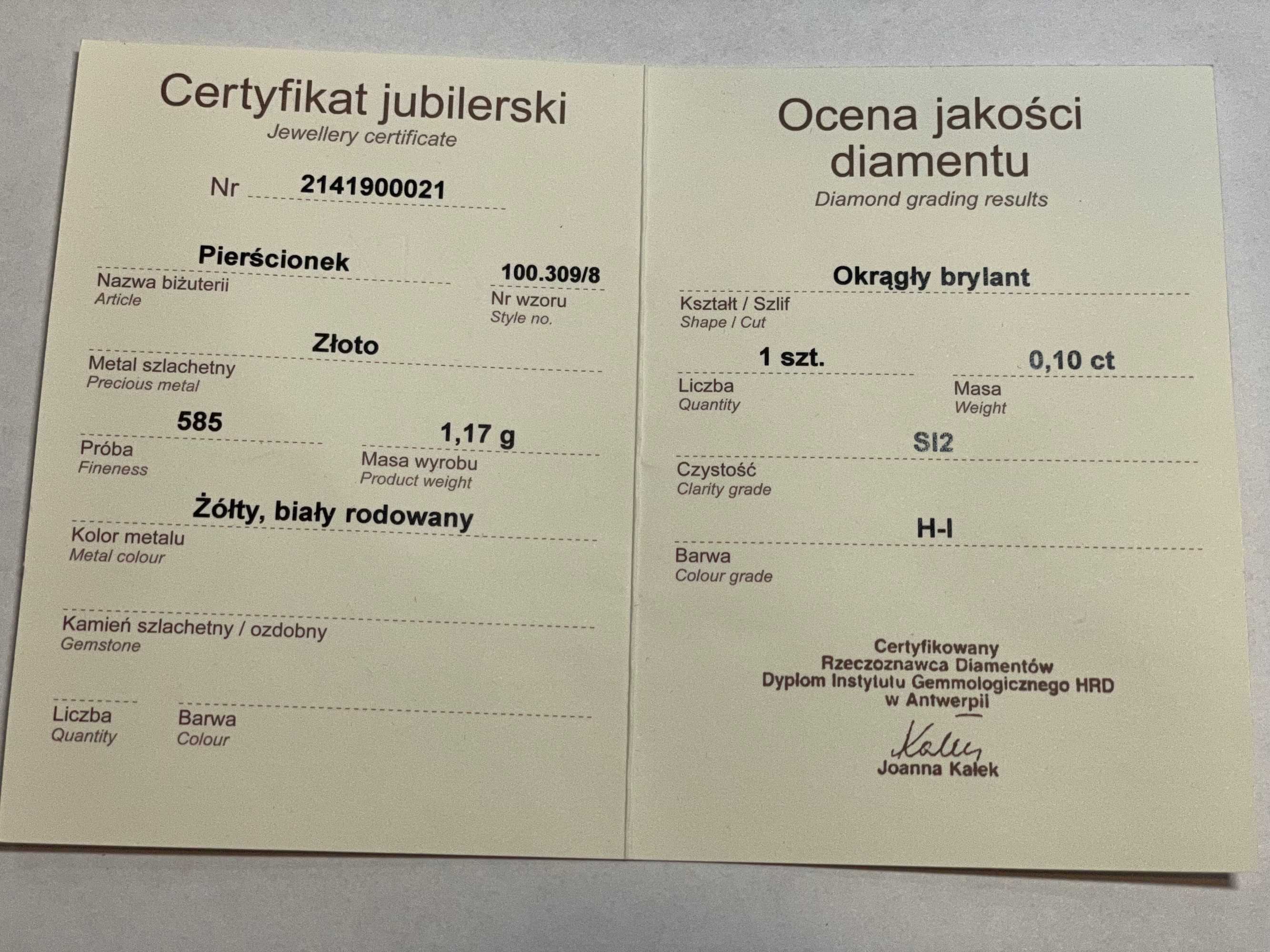 Złoty pierścionek z diamentem Apart 14kt 1,17g 0,10ct SI2 H-I roz. 8