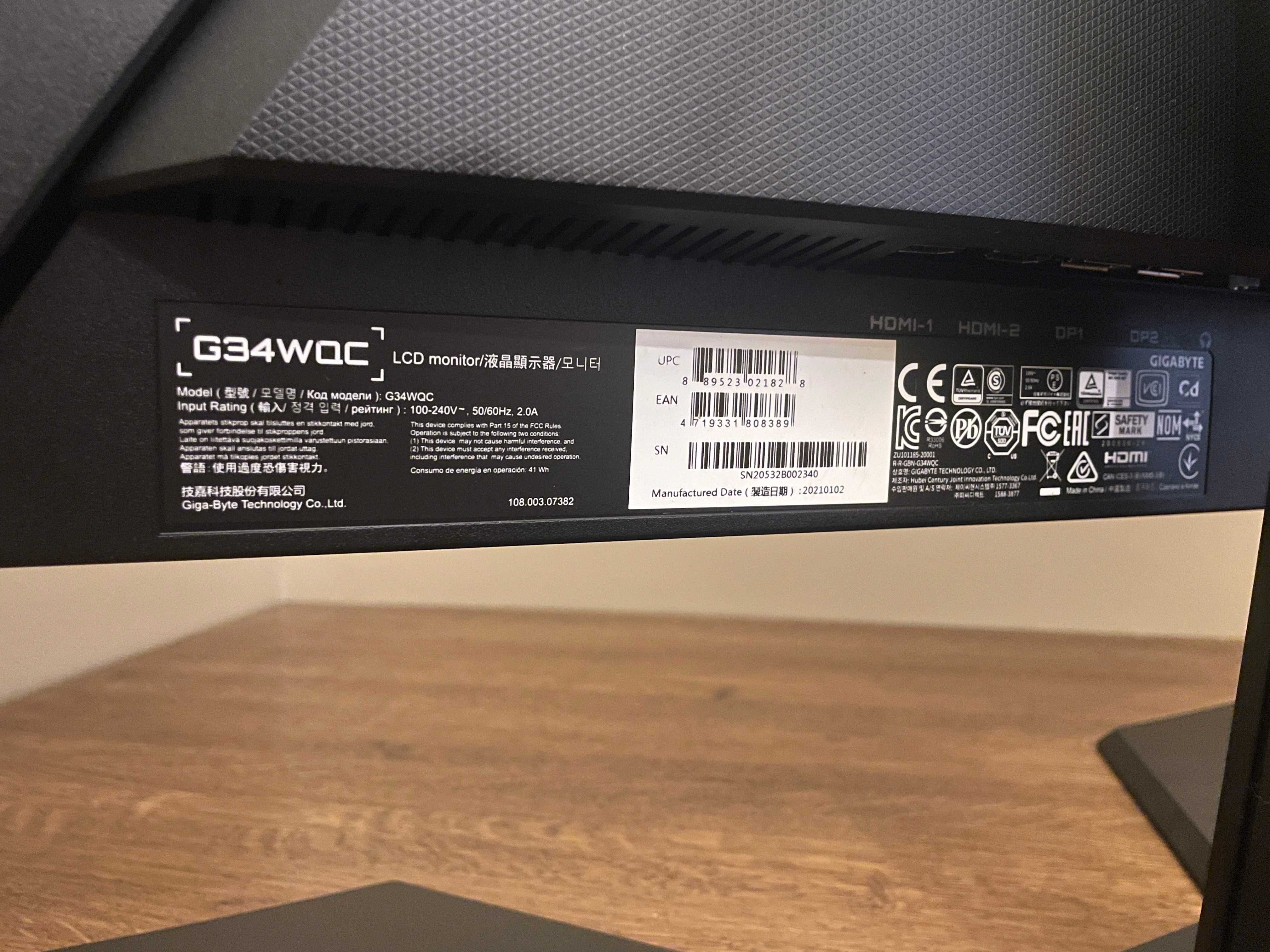 Monitor Gigabyte G34WQC A Curved HDR 34" 144 hz 1 ms