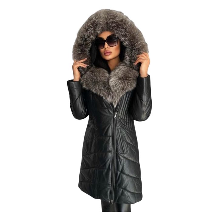 Skórzany płaszcz damski MAHSUM – naturalna skóra z lisim futrem