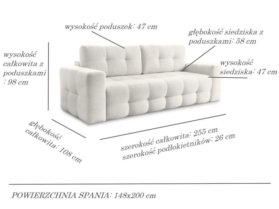 Sofa 3 Osobowa 255 CM + Wygodna Jak Łóżko - BELLA