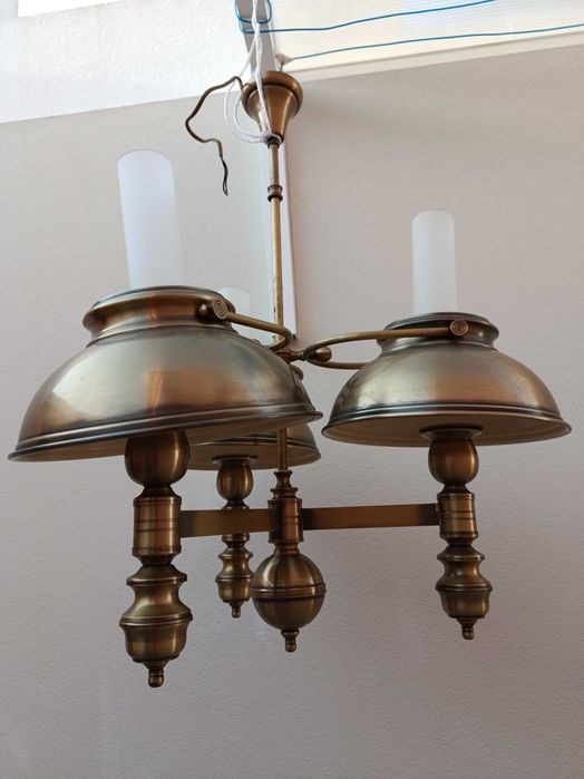 Candeeiro de Teto Clássico/Vintage com 3 Pontos de Luz - Latão e Vidro