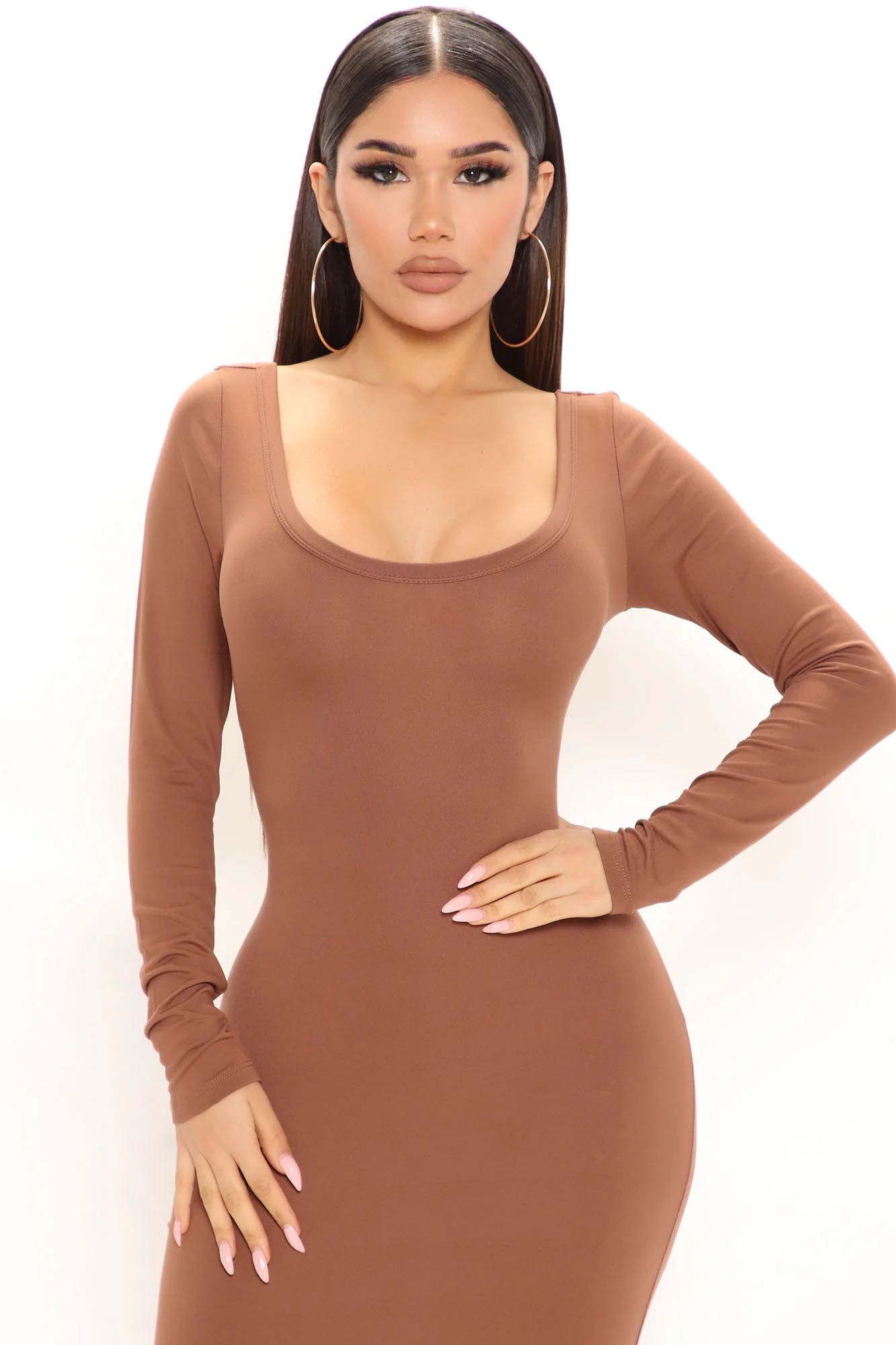 Fashion Nova sukienka brązowa S midi długi rękaw sexy USA dopasowana
